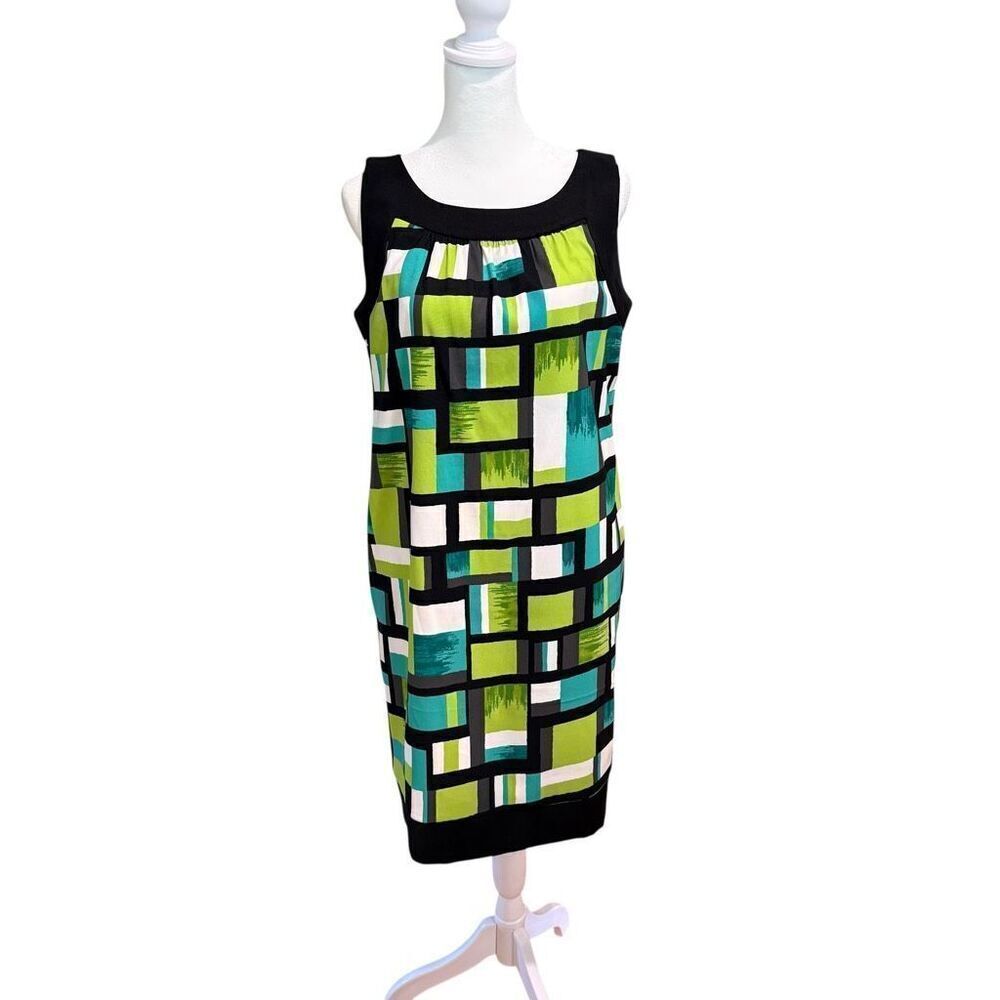 AGB Black Trim Geo Print Mini Dress in Lime Green & Teal